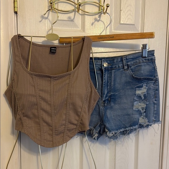 SHEIN Brown Ribbed Bustier Crop Tank Top & Short Set #113 - Picture 1 of 10